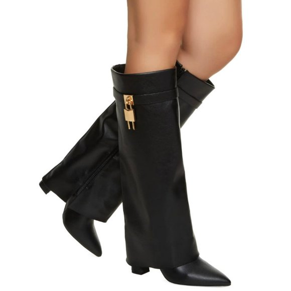 New Black Lock Fold Over Chunky Heel Knee High Boots - Picture 3 of 5